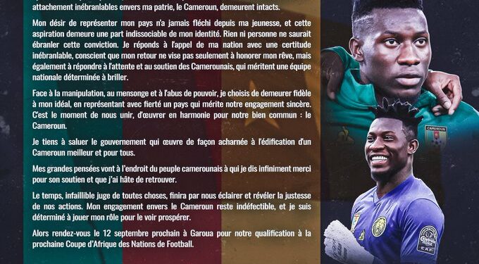 Onana is officially back in the Indomitable Lions squad