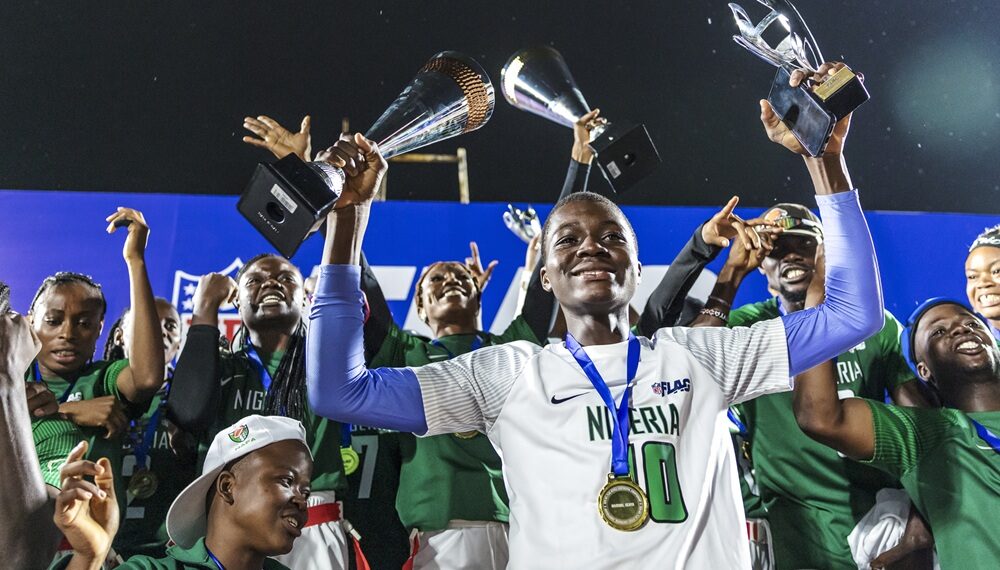 Players of Nigeria’s Women and Youth national flag football teams celebrate their first places at the award ceremony of the NFL Flag Africa Continental Championship, on Friday, July 10, 2026 in Nairobi, Kenya. (Eduardo Soteras Jalil/AP Content Services for the NFL)